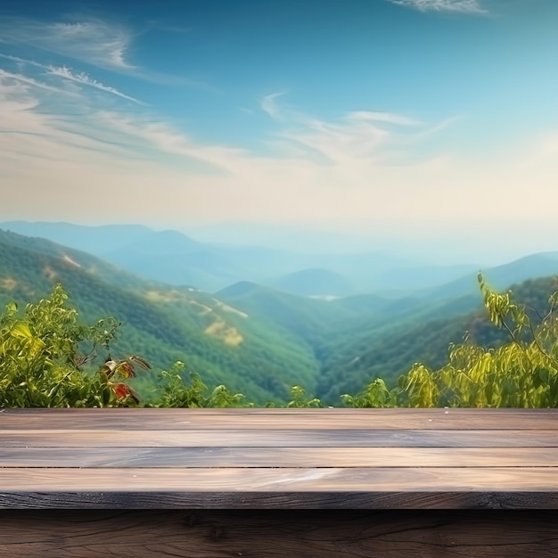 A wooden table with a view of the mountains and the sky