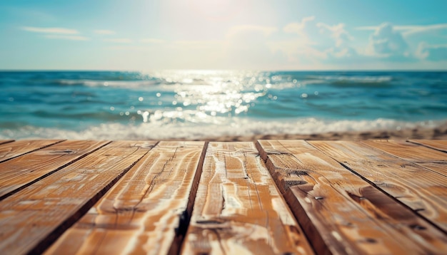Photo a wooden table with a view of the ocean by ai generated image