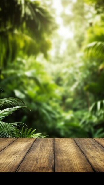 熱帯ジャングルの景色のある木製のテーブル