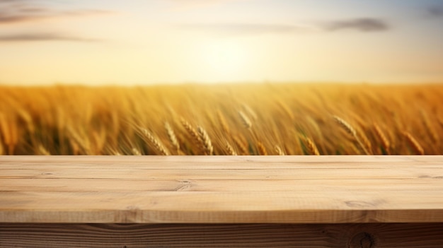 wooden table with wheat field background