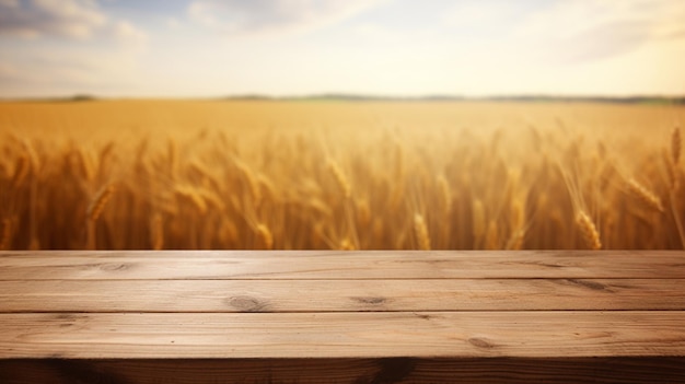 wooden table with wheat field background