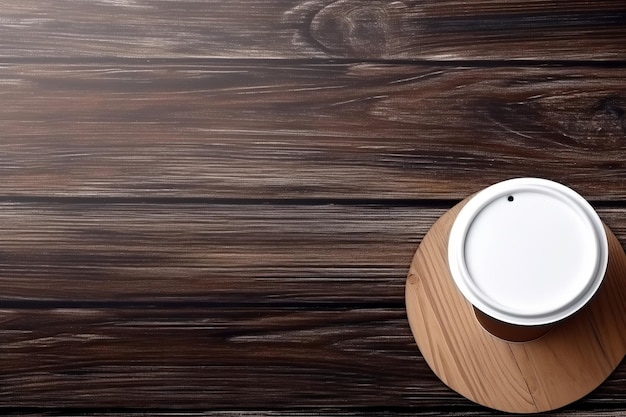 A wooden table with a white cup on it