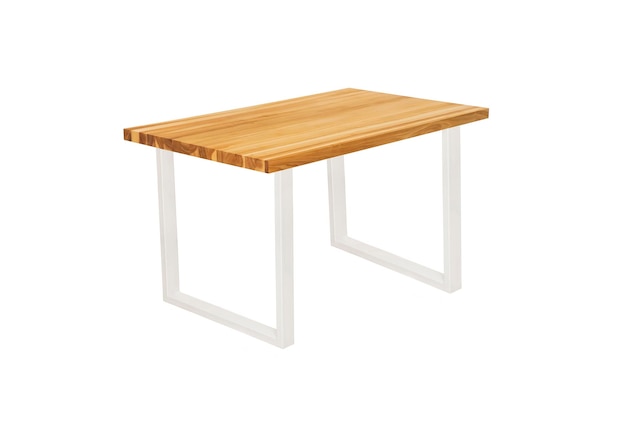 wooden table with white metal legs on white background at 45 degrees