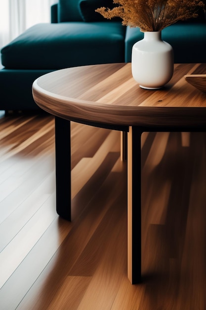 A wooden table with a white vase on it sits on a wooden floor in a living room.