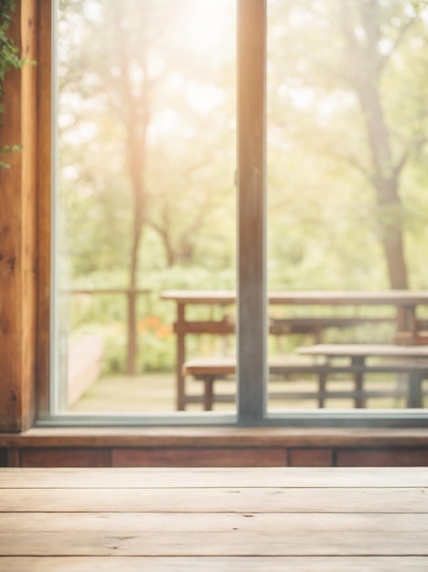 Wooden table with window and blurred nature garden park background Copy space High quality photo