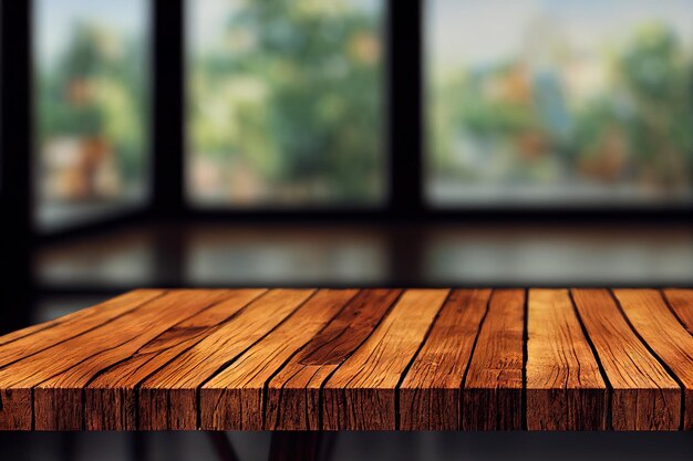 Photo a wooden table with a window behind it that has a window behind it