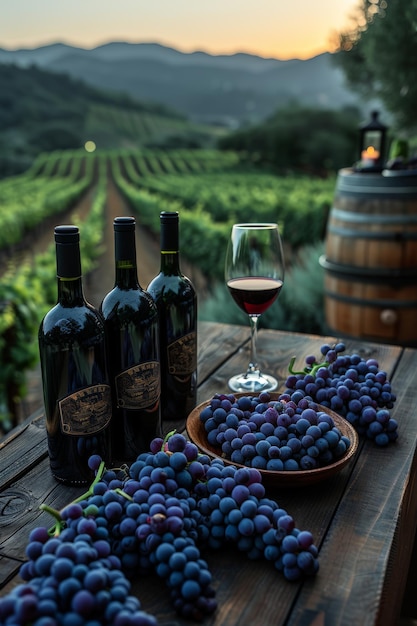Foto tavolo di legno con bottiglie di vino e uva