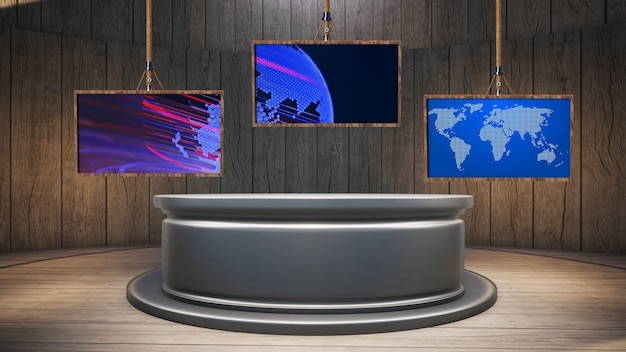 Tavolo in legno con sfondo in legno e schermo verde nell'illustrazione 3d dello studio di notizie