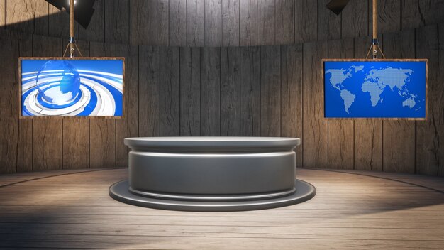 Foto tavolo in legno con sfondo in legno e schermo verde nell'illustrazione 3d dello studio di notizie