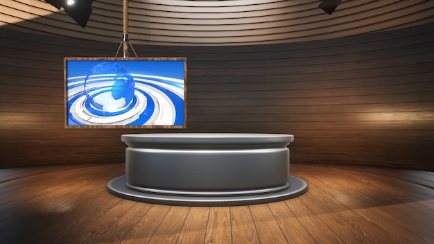 Wooden table with wooden background and green screen in news studio 3D illustration