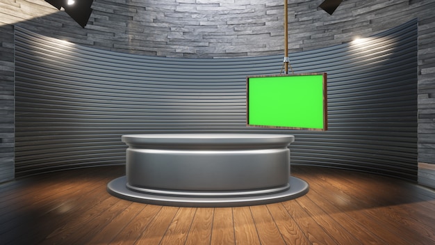 Wooden table with wooden background and green screen in news studio 3D illustration