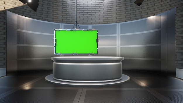 Wooden table with wooden background and green screen in news studio 3D illustration