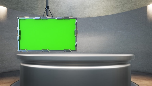 Wooden table with wooden background and green screen in news studio 3D illustration