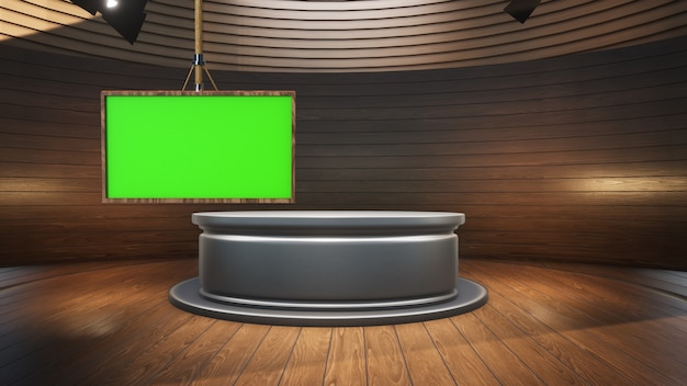 Wooden table with wooden background and green screen in news studio 3D illustration