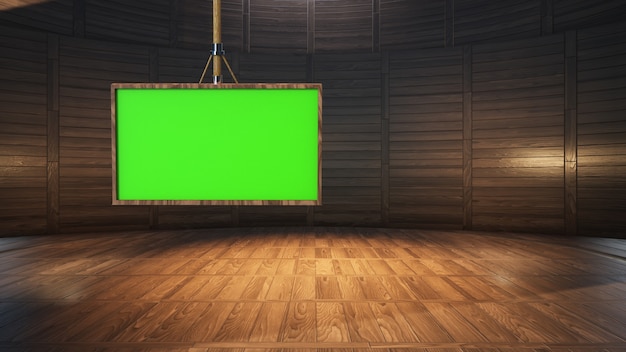 Wooden table with wooden background and green screen in news studio 3D illustration