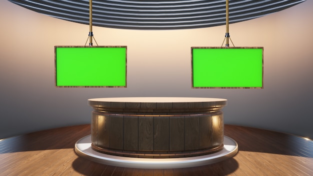 뉴스 스튜디오 3D 그림에서 나무 배경과 녹색 화면이 있는 나무 테이블