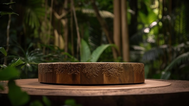 A wooden table with a wooden base and a wooden base with a bird on it.