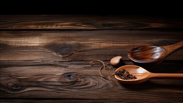 A wooden table with a wooden spoon and two wooden spoons with a wooden spoons on it.