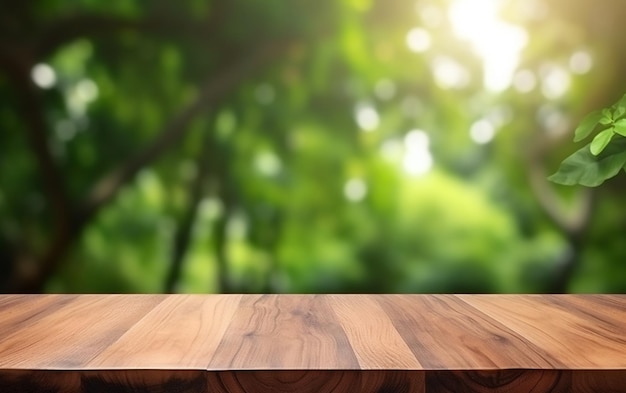 a wooden table with a wooden table and a blurred background of trees