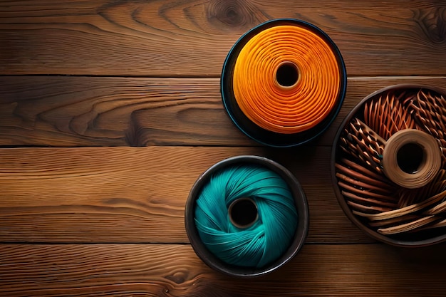 A wooden table with yarns and a box of yarn.