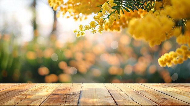 a wooden table with a yellow flower on it