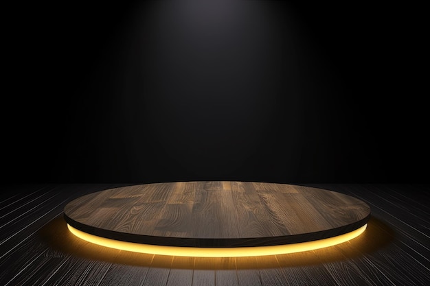 A wooden table with a yellow light at the top