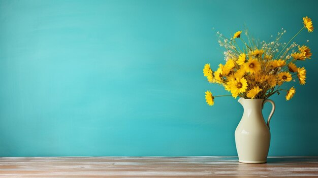 Wooden table with yellow vase with bouquet of field flowers near empty blank turquoise wall