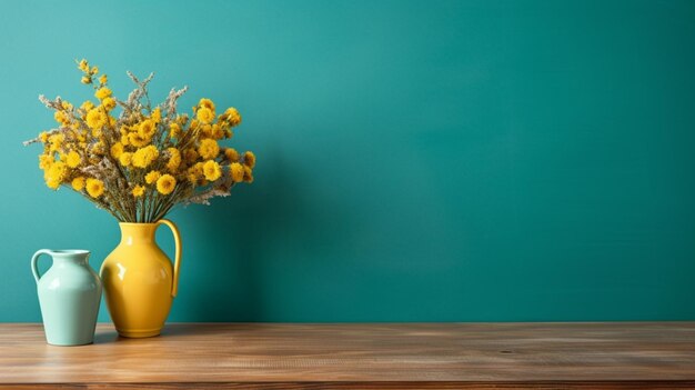 写真 空の白いターコイズ色の壁の近くに野花の花束をつけた黄色い花瓶の木製のテーブル