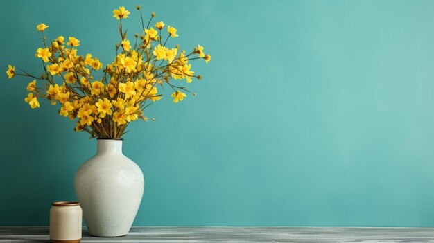 写真 空の白いターコイズ色の壁の近くに野花の花束をつけた黄色い花瓶の木製のテーブル