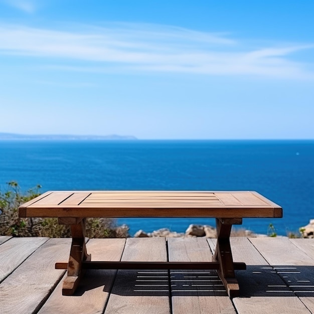 Wooden table on a wooden platform by the sea