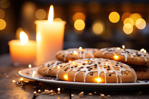 On a wooden table the words happy holidays are placed among baked cookies A Christmas party and