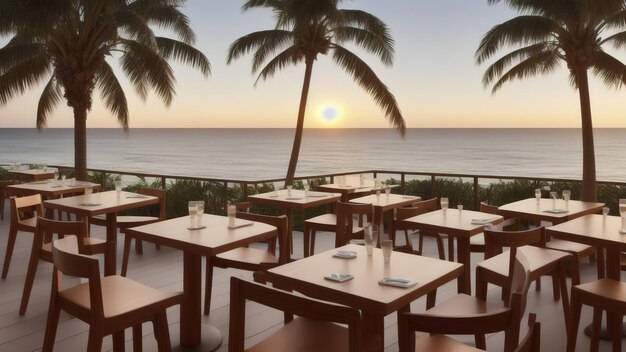 Wooden tables and chairs in a cafe on the background of the sea