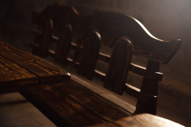 Wooden tables and chairs in the temple