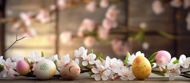 卵や花で飾られた木製のテーブル