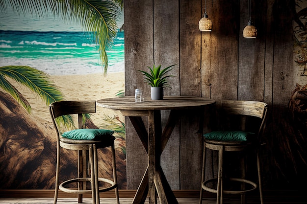 A wooden tables next to a tropical wall of wood