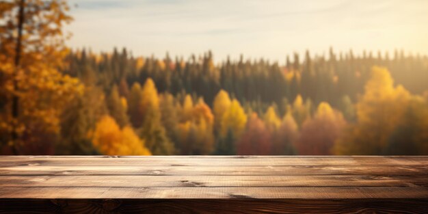 Wooden tabletop to advertise your products blurred autumn background generative ai