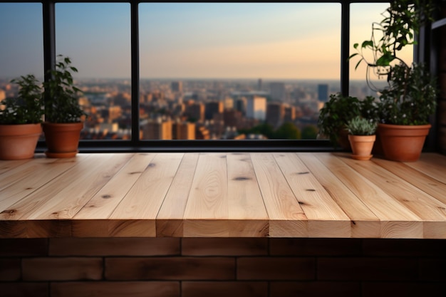 Wooden tabletop against a blurred kitchen backdrop ideal for product display