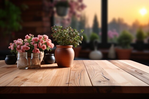 Wooden tabletop against a blurred kitchen backdrop ideal for product display