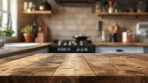 Wooden tabletop against blurred kitchen background for product mockups and display montages