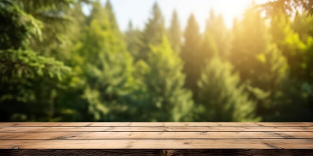 Wooden tabletop against blurry nature