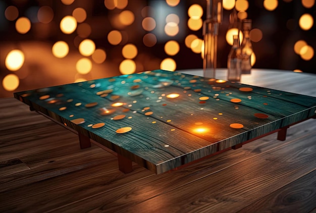 Wooden tabletop against night bokeh in the style of light teal and amber