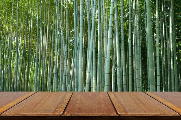 Wooden tabletop next to a bamboo forest