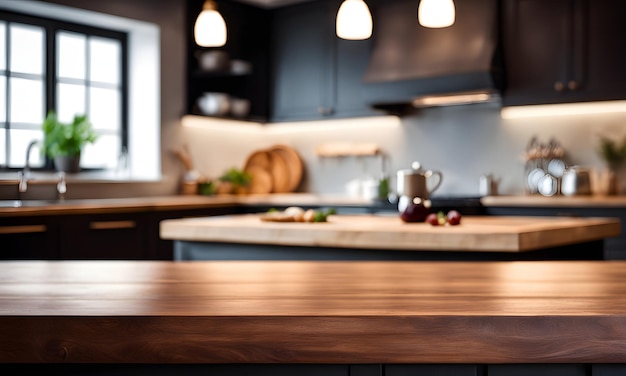 Wooden tabletop in a blurred kitchen backdrop for showcasing products or designing visuals