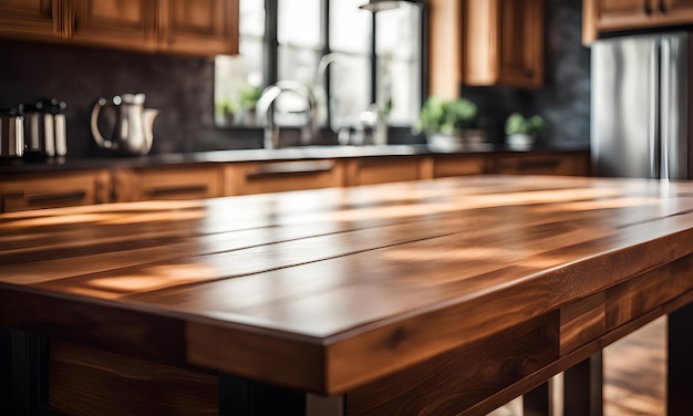 Wooden tabletop in a blurred kitchen backdrop for showcasing products or designing visuals