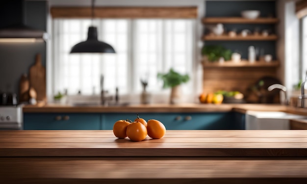 Wooden tabletop in a blurred kitchen backdrop for showcasing products or designing visuals