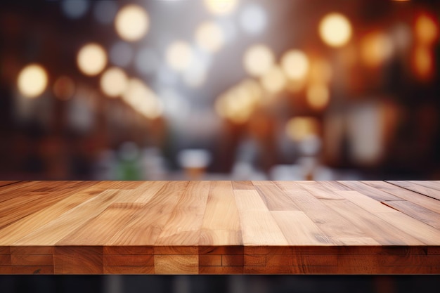 Wooden tabletop in a blurred kitchen backdrop for showcasing products or designing visuals