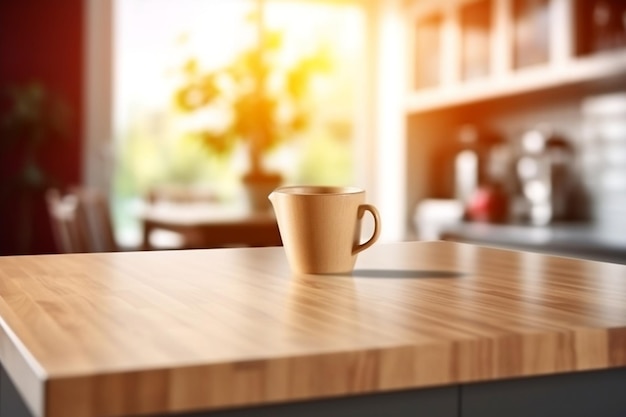 Wooden tabletop on a blurred kitchen counter Generative Ai