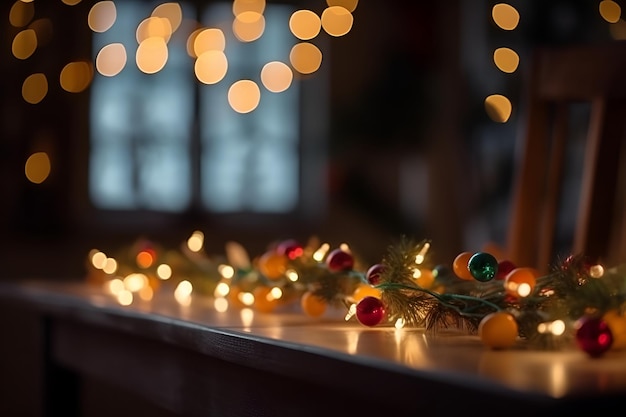 Foto tavolo in legno e cucina sfocata decorato albero di natale ai generativa