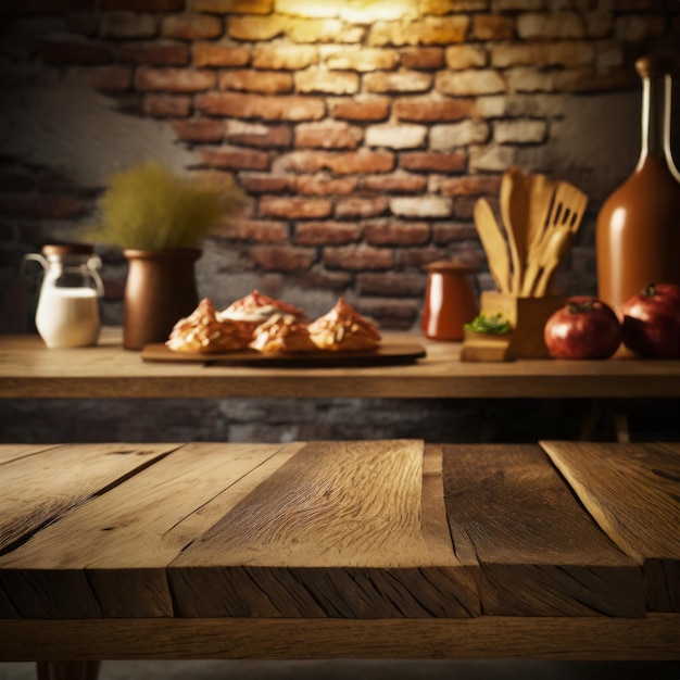 Wooden tabletop on brick wall background Ai Generated