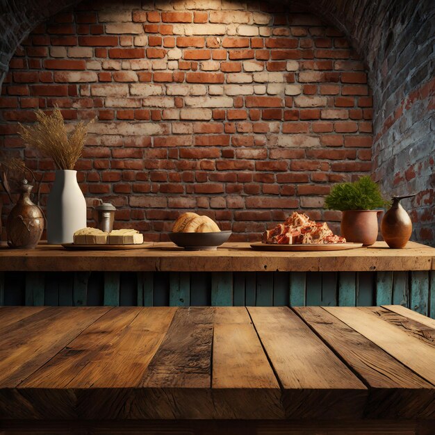 Wooden tabletop on brick wall background Ai Generated